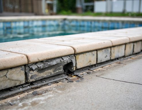 Cracked and damaged pool coping near the edge of a swimming pool.